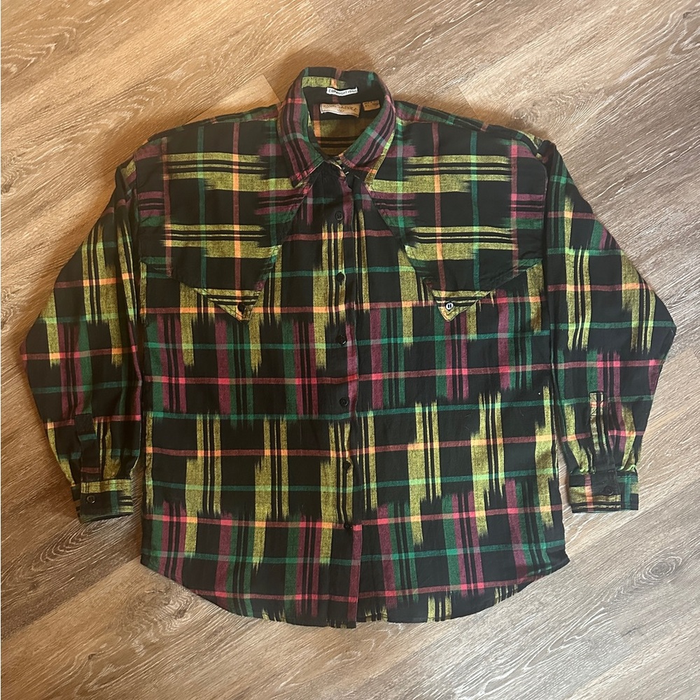 Pink and Green Button Down Shirt with Plaid Pattern